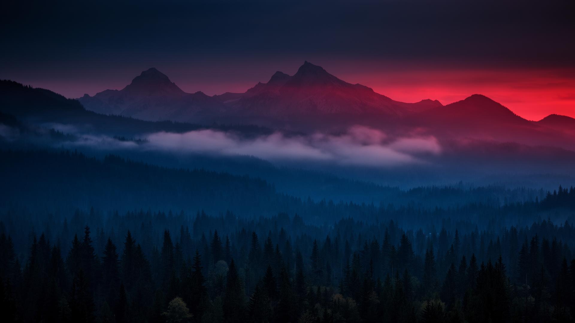 Pacific Northwest mountains and forest at dawn with crimson light